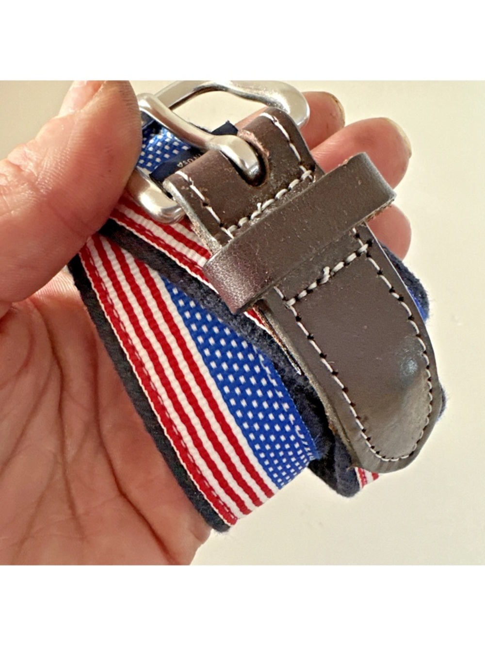 Vineyard Vines American Flag Webbing Belt with Brown Leather Trim 26